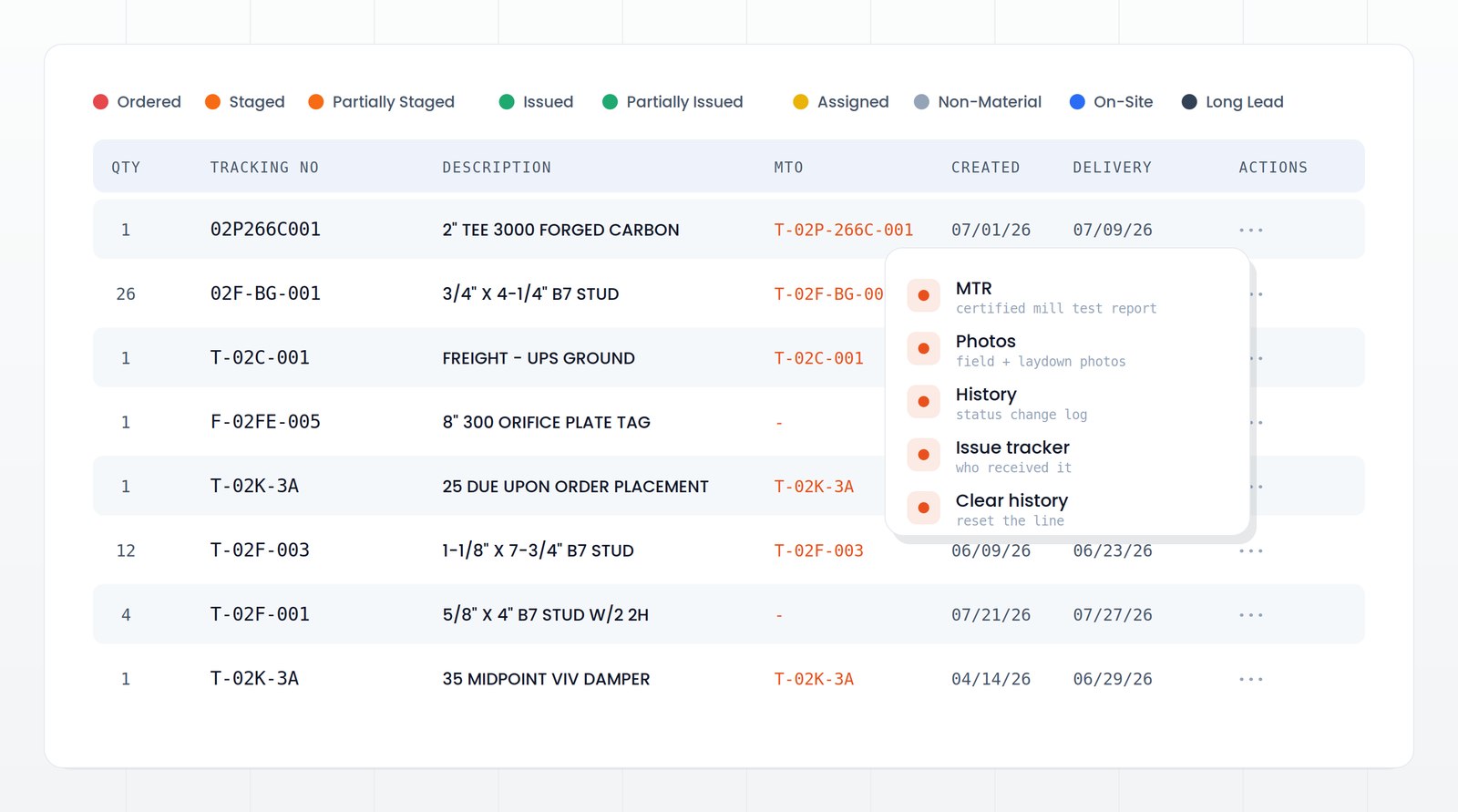 Material traceability menu showing MTR, photos, status history, and issue tracker per line item