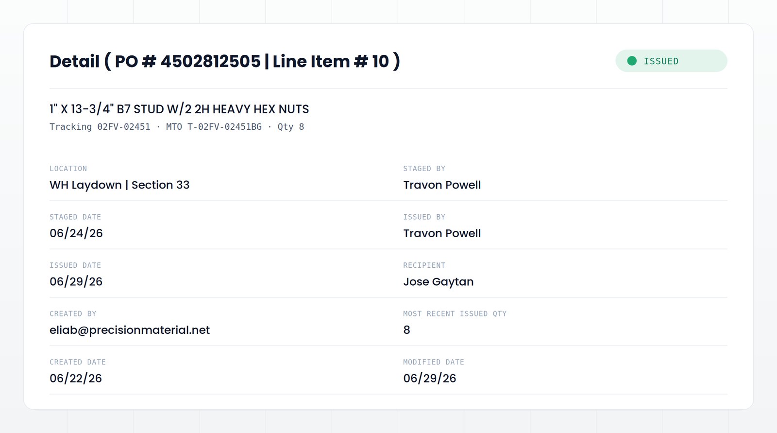 Line item detail showing yard location, staged by, issued by, recipient, and full date history